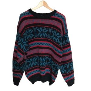 Vintage Geometric Snowflake Patterned Crewneck Knit Sweater Large